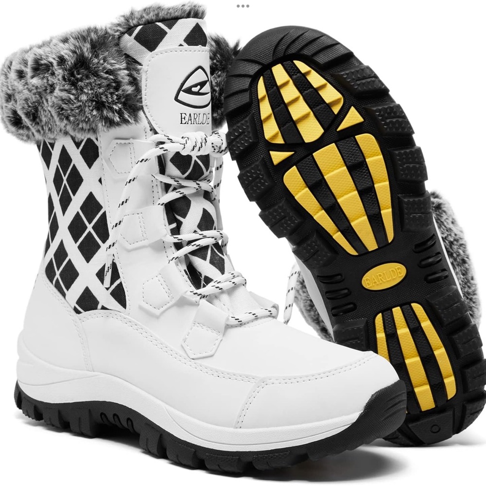 EARLDE Women’s White/Black Snow Boot With Waterproof Lace Up Mid-Calf Outdoor